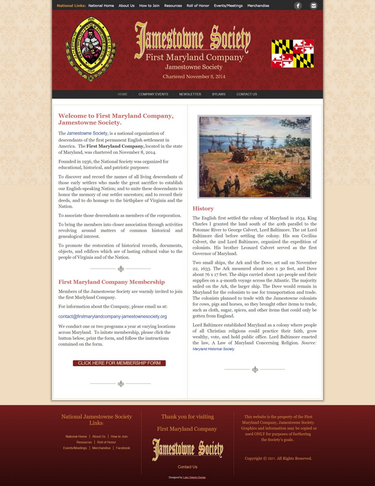 Screenshot of First Maryland Jamestowne Society website