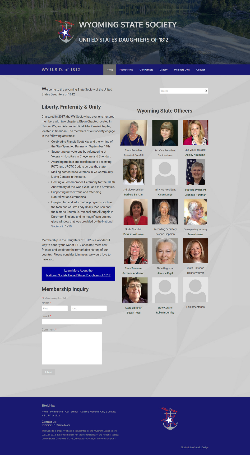 Screenshot of the Wyoming Society of the United State Daughters of 1812